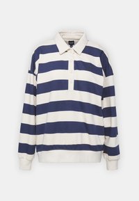 Modrá a bílá pruhovaná dlouhý rukáv polokošile s límečkem, třemi knoflíky a malým logem na hrudi. Měkký bavlněný materiál.