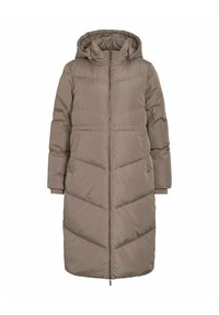 Manteau parka rembourré en taupe avec une capuche, fermeture éclair intégrale et motif matelassé en chevrons. Équipé de poches latérales et de poignets élastiques.