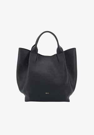Black leather tote bag with a soft texture, wide open top, two sturdy handles, and a small gold logo accent on the front.