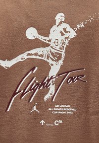 Tissu marron avec une surface surélevée et texturée présentant une silhouette blanche d'un joueur de basketball et un texte stylisé « Flight Tour ».