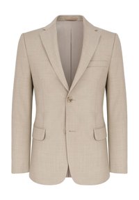 Jasno beżowa marynarka z teksturowanej tkaniny, z pojedynczym zapięciem na guzik, klapami w kształcie litery notch oraz dwoma przednimi kieszeniami. Lekko dopasowany krój.