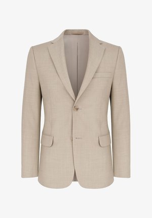 Jasno beżowa marynarka z teksturowanej tkaniny, z pojedynczym zapięciem na guzik, klapami w kształcie litery notch oraz dwoma przednimi kieszeniami. Lekko dopasowany krój.