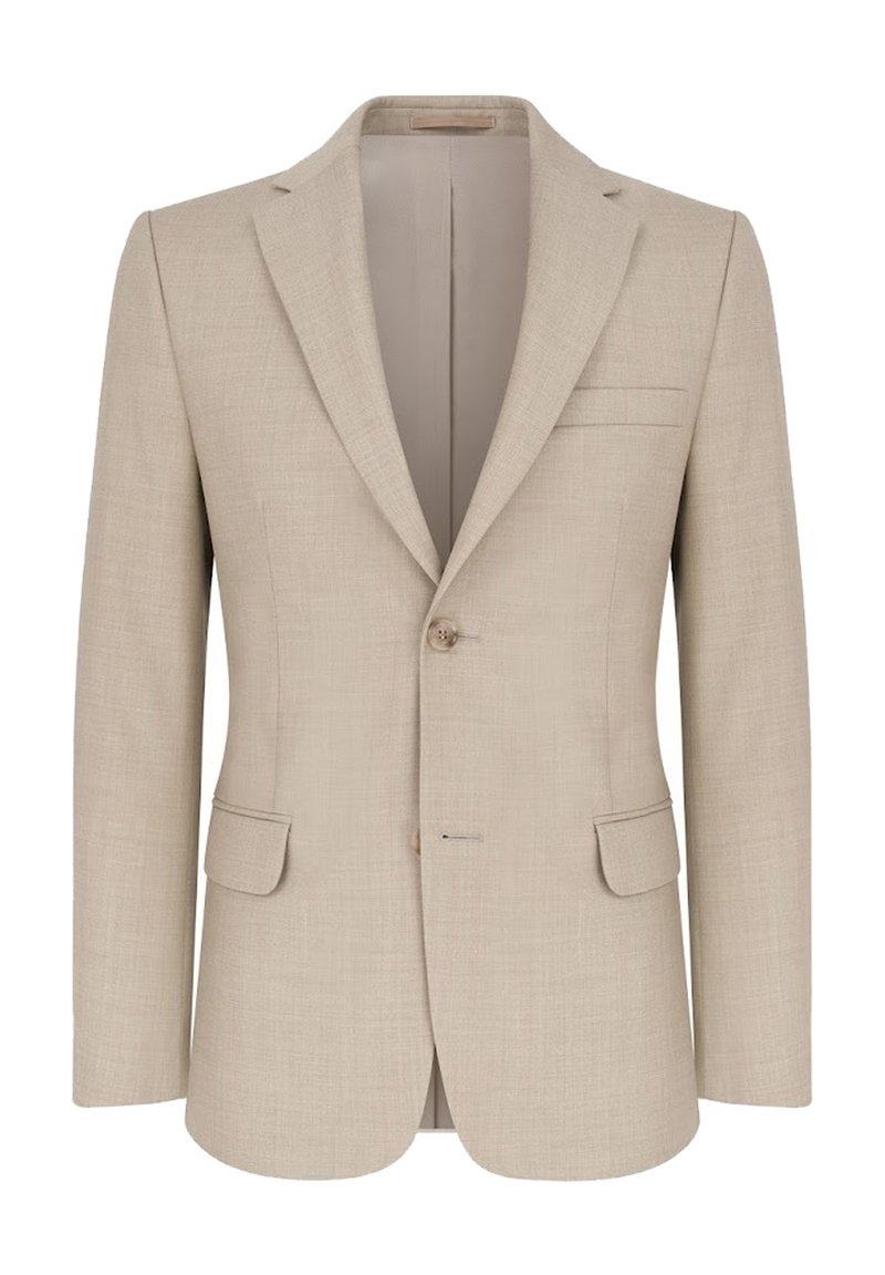 Jasno beżowa marynarka z teksturowanej tkaniny, z pojedynczym zapięciem na guzik, klapami w kształcie litery notch oraz dwoma przednimi kieszeniami. Lekko dopasowany krój.