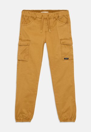Pantalons cargo marron avec des poignets élastiques, taille à cordon, poches avant et poches latérales à rabat, posés à plat sur un fond blanc.