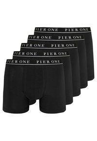 Caleçons boxers en coton noir en lot de cinq, avec une ceinture de logo blanc. Le tissu est lisse avec un design ajusté, sans motifs ni accents.