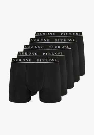 Mustad puuvillased boxershorts viies komplektis, millel on valge logoga vöö. Kanga pind on sile ja disain on istuv, ilma mustrite või aksessuaarideta.