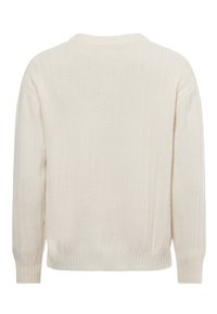 Strickpullover in Creme mit gerippter Textur, abfallenden Schultern und langen Ärmeln. Verfügt über einen runden Halsausschnitt und eine lockere Passform.