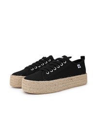 Zapatillas de lona negras con suela de plataforma de yute. Presentan puntera redonda, diseño con cordones y ojetes metálicos para los cordones.