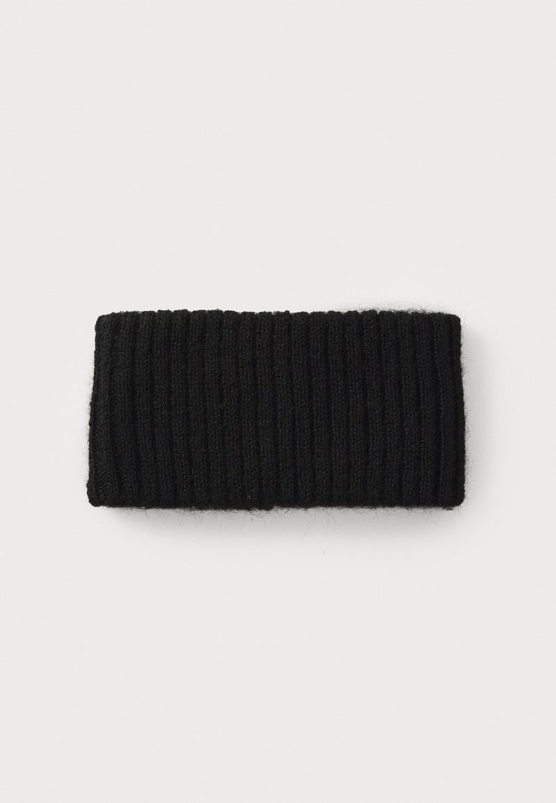Black ribbed knit headband made from soft wool blend, featuring a wide design and smooth texture, suitable for warmth and style.