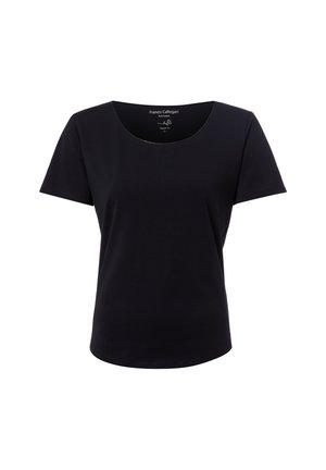 Czarny, bawełniany T-shirt z krótkim rękawem, okrągłym dekoltem i standardowym krojem, prezentowany na białym tle.