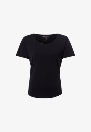 Czarny, bawełniany T-shirt z krótkim rękawem, okrągłym dekoltem i standardowym krojem, prezentowany na białym tle.