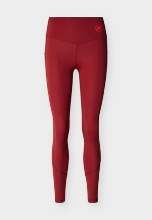 Leggings de sport rouge foncé, taille haute et longueur totale, avec des coutures plates et un petit logo sur la partie supérieure gauche de la taille.