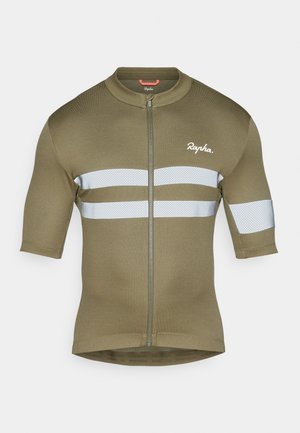Maillot de cyclisme vert olive à manches courtes, avec une fermeture éclair à l'avant et deux bandes réfléchissantes horizontales. Fabriqué en tissu doux et léger.