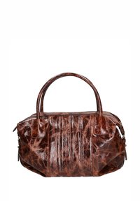 Borsa a mano in pelle marrone con finitura lucida, lati plissettati, due manici arrotondati e chiusura con zip nella parte superiore. Design strutturato e spazioso.