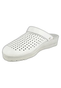 Witte geperforeerde klompen met een platte zool en een ronde neus. Voorzien van een brede band over de wreef en een gestructureerd oppervlak.