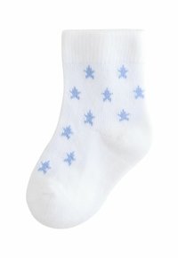 Sosete albe până la gleznă cu un model de stele albastre deschise, cu manșetă încrețită, textură moale și construcție fără cusătură pe degete. Potrivite pentru îmbrăcămintea copiilor.