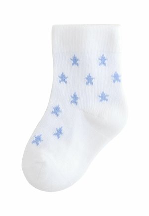 Valged pahkluu sokid helesiniste tähemustritega, ribatud varrukas, pehme tekstuur ja õmblusteta varvaste ehitus. Sobivad laste kandmiseks.