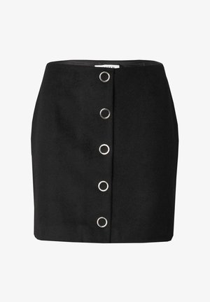 Black mini skirt made of soft fabric, featuring a front button placket with silver ring accents and a fitted silhouette.