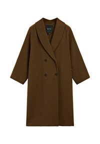 Brun ullblandad kappa med dubbelknäppning, breda slag och ärmar i 3/4 längd. Har två svarta knappar och en ren, minimalistisk snitt.