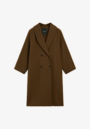 Brauner Wollmischungsumhang mit doppelreihigem Design, breiten Revers und 3/4 langen Ärmeln. Besitzt zwei schwarze Knöpfe und einen klaren, minimalistischen Schnitt.