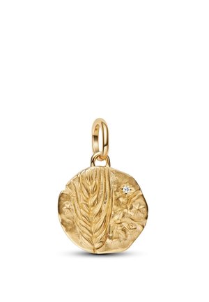 Pendentif rond en or avec un motif de blé en relief, petites formes d'étoiles, motif d'abeille et une petite pierre précieuse claire incrustée.