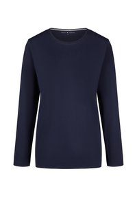 Chemise à manches longues marine en tissu lisse avec un col rond, un ourlet droit et des détails de couture minimaux. Design simple.