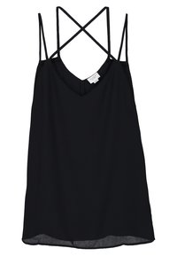 Haut sans manches noir avec un décolleté en V et un design de bretelles croisées à l'arrière. Fabriqué à partir d'un tissu léger avec une texture lisse.
