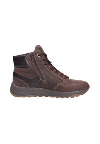 Bruine hoge sneakers met een bovenwerk van textuurleer, contrasterende leren accenten, vetersluiting aan de voorkant en een zijrits voor gemakkelijke toegang.