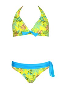 Zestaw bikini z trójkątnym topem i regulowanym dołem na sznurki. Jasnożółty z wielokolorowym tropikalnym wzorem liści i niebieskimi akcentami.