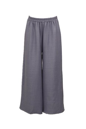 Pantalon large gris en tissu texturé. Doté d'une taille élastique et d'un drapé doux, convient pour un usage décontracté ou pour se détendre.
