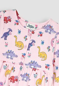Rosa Baumwollkleid mit einem verspielten Dinosaurier-Print, floralen Akzenten, Rundhalsausschnitt und Knopfverschluss vorne.