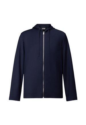Marineblauwe zip-up hoodie met lange mouwen, borstzak aan de voorkant, trekkoorden en een zilveren ritssluiting.