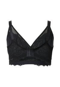 Black lace bra with adjustable straps and front hook-and-eye closure, featuring semi-sheer floral lace fabric and scalloped edges.