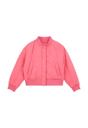 Veste bomber matelassée rose avec col, poignets et taille côtelés. Deux poches latérales et un petit motif de fleur sur l'ourlet.