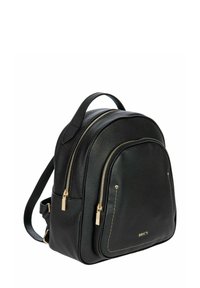 Sac à dos en cuir noir avec des zips dorés, surface texturée, forme arrondie et poignée supérieure. Comprend des poches zippées avant et latérales.