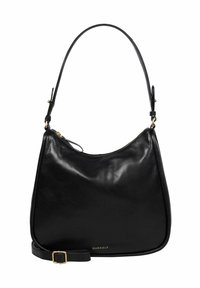Borsa a tracolla in pelle nera con forma curvata, zip dorata e tracolla regolabile. Presenta un logo discreto sul davanti e una texture liscia.