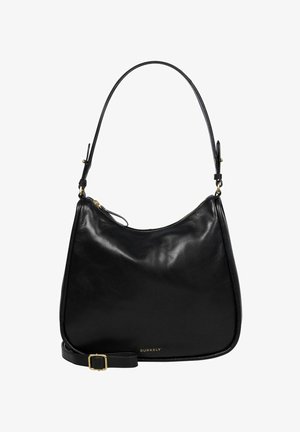 Sac à bandoulière en cuir noir avec une forme arrondie, fermeture éclair dorée et sangle ajustable. Présente un logo discret à l'avant et une texture lisse.