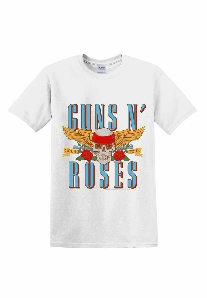 Weißes Baumwoll-T-Shirt mit einem grafischen Design, das einen Schädel, Flügel, rote Rosen und den Text "GUNS N' ROSES" in Blau und Rot zeigt.