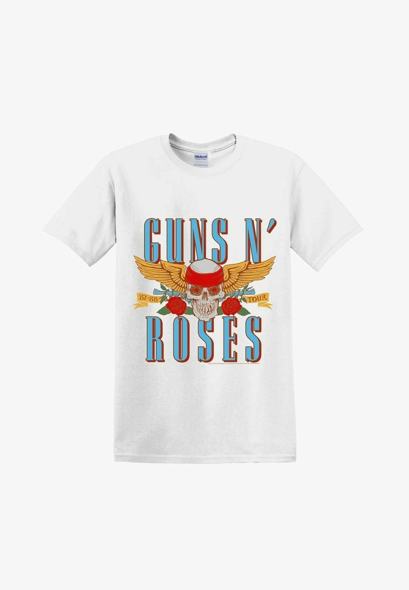 Weißes Baumwoll-T-Shirt mit einem grafischen Design, das einen Schädel, Flügel, rote Rosen und den Text "GUNS N' ROSES" in Blau und Rot zeigt.