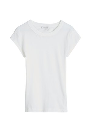 Effen witte T-shirt met korte mouwen en een ronde halslijn, platgelegd op een witte achtergrond.