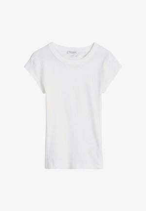 T-shirt blanc uni à manches courtes avec un col rond, présenté à plat sur un fond blanc.