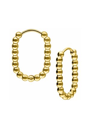 Goldfarbene Creolen mit strukturiertem Design und runden, perlenartigen Akzenten. Erhältlich in zwei Formen: oval und rund.