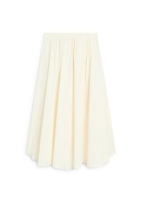 Cream-colored pleated midi skirt with an elastic waistband, made from a slightly textured fabric.
