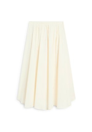 Sukně smetanové barvy s plisovaným designem, elastickým pasem a délkou ke kolenům. Vyrobena z lehkého materiálu s jemnou texturou.