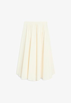 Sukně smetanové barvy s plisovaným designem, elastickým pasem a délkou ke kolenům. Vyrobena z lehkého materiálu s jemnou texturou.