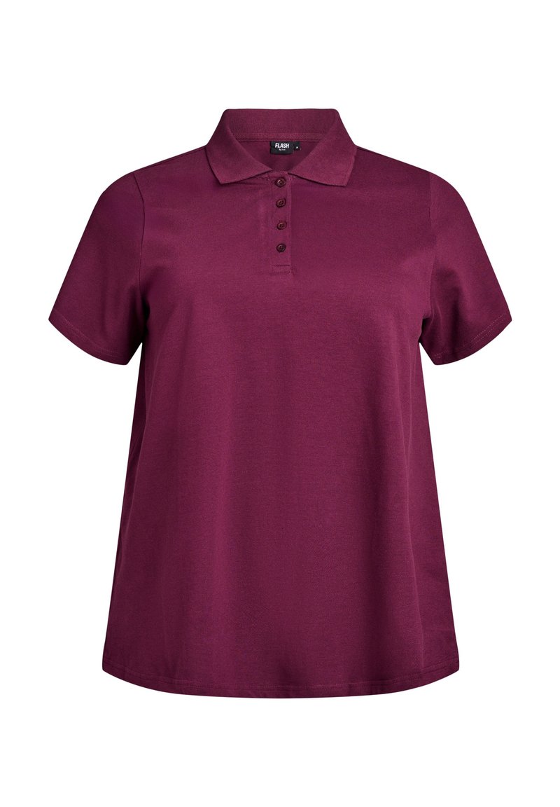 Maroon poloshirt med korta ärmar, knäppning framtill och klassisk krage. Tillverkad av jämn tyg med en avslappnad passform och inga mönster.