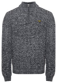 Grå og sort strikket sweater med ståkrave, halvlynlås, ribbede manchetter og lille gult logo på venstre bryst.