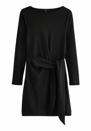 Schwarzes, langärmliges Kleid mit einer weichen, schimmernden Textur. Verfügt über einen Rundhals und eine Bindegürtel-Applikation an der Taille, die eine vorteilhafte Silhouette schafft.