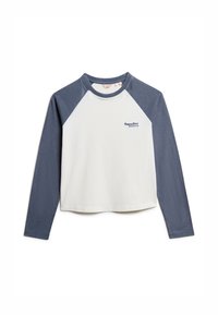 Witte longsleeve t-shirt met donkerblauwe raglanmouwen. Heeft een ronde hals en het "SuperDry"-logo op de borst. Gemaakt van katoen.