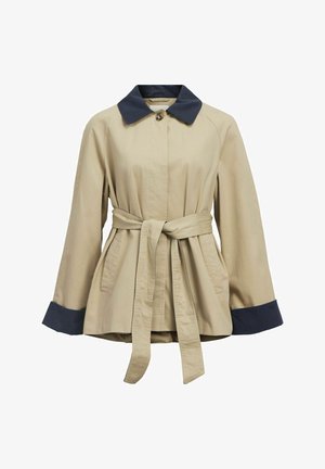 Beige trench coat with a navy collar and cuffs, cinched waist with a belt, featuring long sleeves and a straight silhouette.